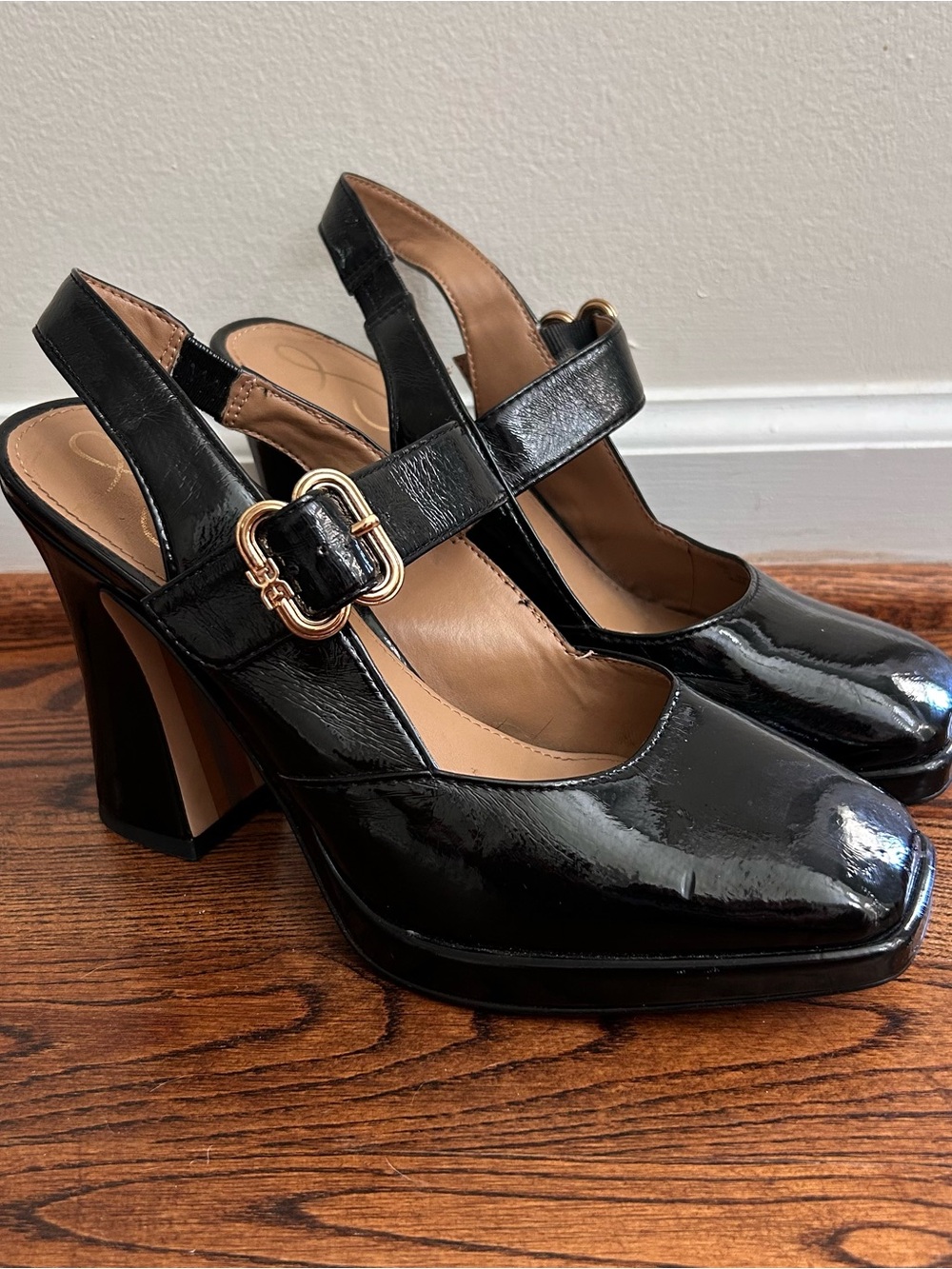 Sam Edelman Jildie Mary Jane Slingback Heels with Gold Buckle - Picture 1 of 12